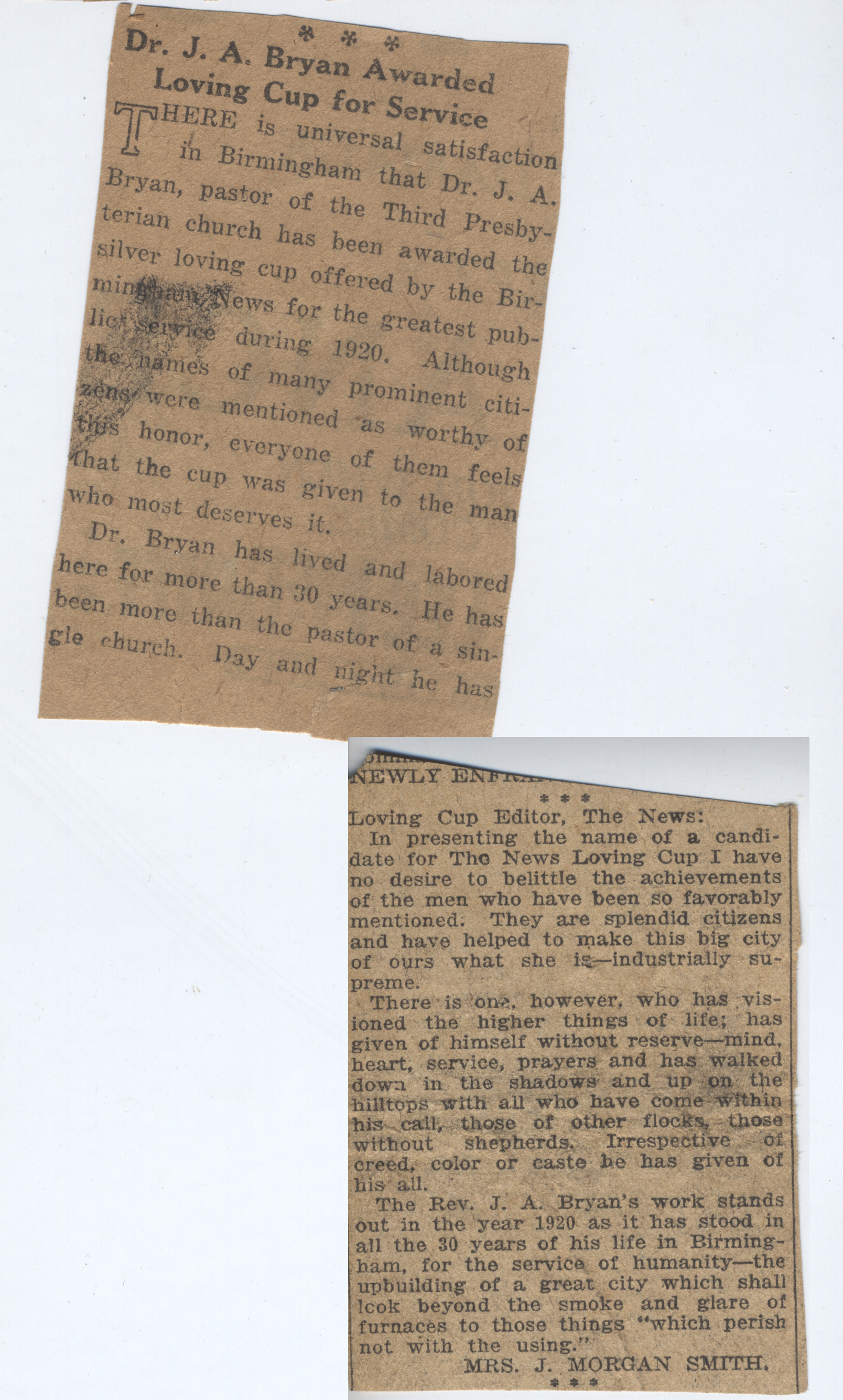 Dr. J.A. Bryan Awarded Loving Cup for Service and Loving Cup Editor, in presenting the name of a candidate...